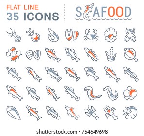 Set of vector line icons, sign and symbols with flat elements of seafood for modern concepts, web and apps. Collection of infographics logos and pictograms.