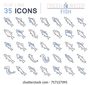 Set of vector line icons, sign and symbols with flat elements of freshwater fish for modern concepts, web and apps. Collection of infographics logos and pictograms.