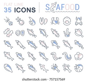 Set of vector line icons, sign and symbols with flat elements of seafood for modern concepts, web and apps. Collection of infographics logos and pictograms.