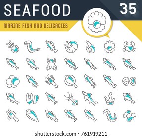 Set of vector line icons, sign and symbols of seafood for modern concepts, web and apps. Collection of infographics logos and pictograms.