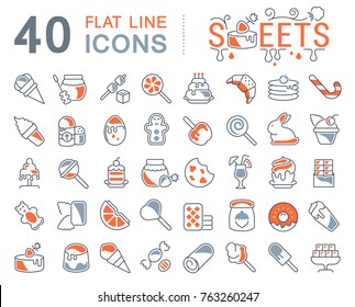 Set of vector line icons, sign and symbols with flat elements of sweets for modern concepts, web and apps. Collection of infographics logos and pictograms.