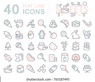 Set of vector line icons, sign and symbols with flat elements of sweets for modern concepts, web and apps. Collection of infographics logos and pictograms.