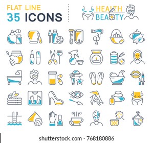 Set of vector line icons, sign and symbols with flat elements of health and beauty for modern concepts, web and apps. Collection of infographics logos and pictograms.