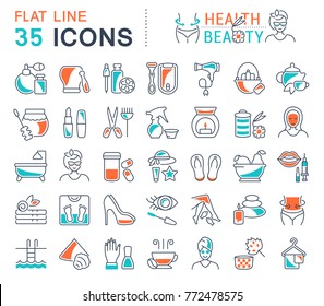 Set of vector line icons, sign and symbols with flat elements of health and beauty for modern concepts, web and apps. Collection of infographics logos and pictograms.