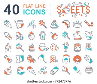 Set of vector line icons, sign and symbols with flat elements of sweets for modern concepts, web and apps. Collection of infographics logos and pictograms.