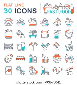 Set of vector line icons, sign and symbols with flat elements of fast food for modern concepts, web and apps. Collection of infographics logos and pictograms.