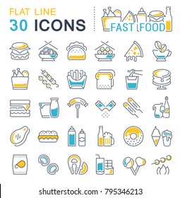 Set of vector line icons, sign and symbols with flat elements of fast food for modern concepts, web and apps. Collection of infographics logos and pictograms.