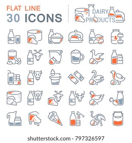 Conjunto de iconos vectoriales, signos y símbolos con elementos planos de productos lácteos para conceptos modernos, web y aplicaciones. Colección de logotipos y pictogramas de infografía.