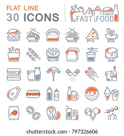 Set of vector line icons, sign and symbols with flat elements of fast food for modern concepts, web and apps. Collection of infographics logos and pictograms.