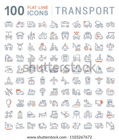 Set of vector line icons, sign and symbols with flat elements of transport for modern concepts, web and apps. Collection of infographics logos and pictograms.