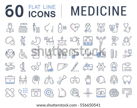 Set vector line icons, sign in flat design medicine, pharmacology, oncology, blood count, medical ethics with elements for mobile concepts and web app. Collection modern infographic logo or pictogram.