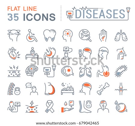 Establezca iconos, signos y sÃ­mbolos de vectores en el diseÃ±o plano de enfermedades y enfermedades con elementos para conceptos mÃ³viles y aplicaciones web.  ColecciÃ³n de infografÃ­a moderna con logotipo y pictograma.