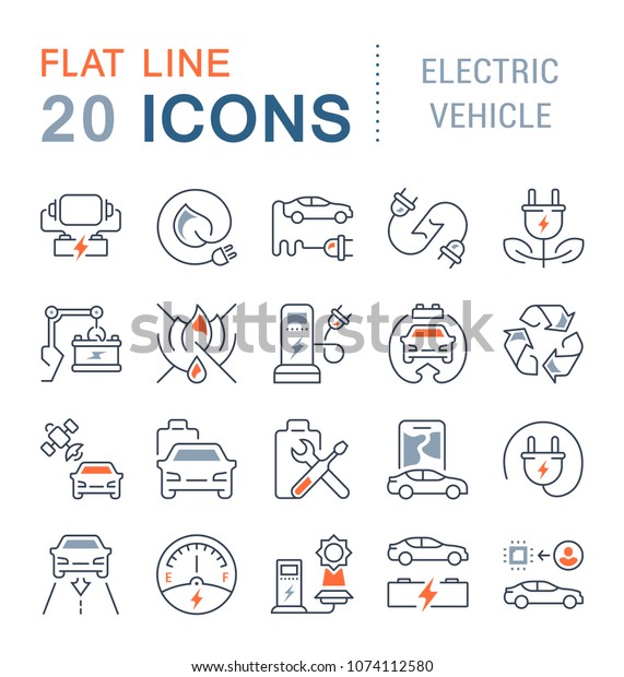 Set of vector line\
icons, sign and symbols with flat elements of electric vehicle for\
modern concepts, web and apps. Collection of infographics logos and\
pictograms.