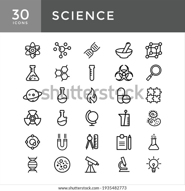 Set vector line icons, sign and symbols science\
with elements for mobile concepts and web apps, set of atom line\
Flask, Energy, Atom, Radioactive, Positive ion, Molecule, Physics,\
Proteins