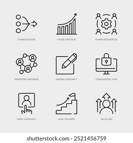 Conjunto de iconos de línea de Vector para firmar el contrato, datos confidenciales, candidato ideal y más. Colección de 9 iconos de esquema de App de gestión empresarial.