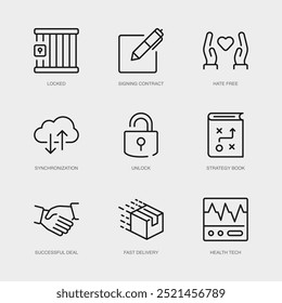 Conjunto de ícones de linha vetorial para assinar contrato, Hate Free e muito mais. Coleção de 9 Ícones de Estrutura de Tópicos de Aplicativo de Gerenciamento de Negócios.