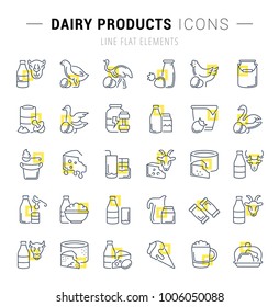 Set of vector line icons and signs with yellow squares of dairy products for excellent concepts. Collection of infographics logos and pictograms.