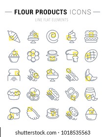 Set of vector line icons and signs with yellow squares of flour products for excellent concepts. Collection of infographics logos and pictograms.