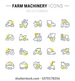 Set of vector line icons and signs with yellow squares of farm machinery for excellent concepts. Collection of infographics logos and pictograms.