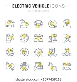 Set of vector line icons and signs with yellow squares of electric vehicle for excellent concepts. Collection of infographics logos and pictograms.