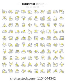 Set of vector line icons and signs with yellow squares of transport for excellent concepts. Collection of infographics logos and pictograms.