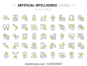 Set of vector line icons and signs with yellow squares of artificial intelligence for excellent concepts. Collection of infographics logos and pictograms.