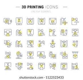 Set of vector line icons and signs with yellow squares of 3d printing for excellent concepts. Collection of infographics logos and pictograms.