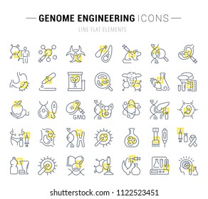 Set of vector line icons and signs with yellow squares of genome engineering for excellent concepts. Collection of infographics logos and pictograms.