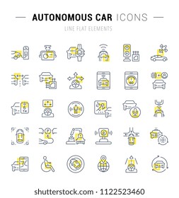 Set of vector line icons and signs with yellow squares of autonomous car for excellent concepts. Collection of infographics logos and pictograms.