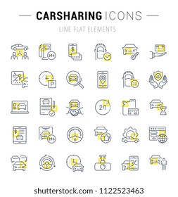 Set of vector line icons and signs with yellow squares of carsharing for excellent concepts. Collection of infographics logos and pictograms.