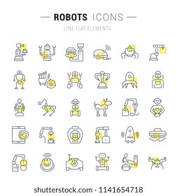Set of vector line icons and signs with yellow squares of robots for excellent concepts. Collection of infographics logos and pictograms.