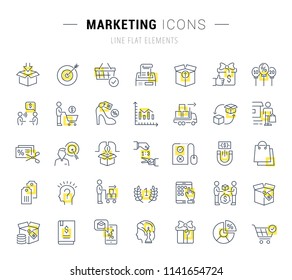 Set of vector line icons and signs with yellow squares of marketing for excellent concepts. Collection of infographics logos and pictograms.