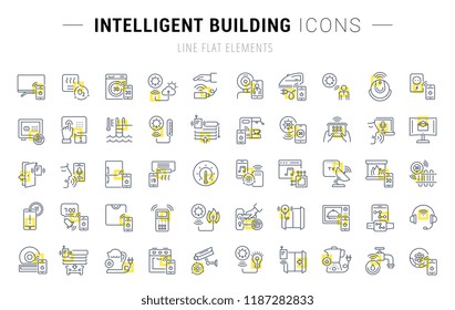 Set of vector line icons and signs with yellow squares of intelligent building for excellent concepts. Collection of infographics logos and pictograms.