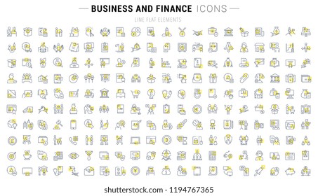 Conjunto de iconos y signos de línea vectorial con cuadrados amarillos de negocios y finanzas para conceptos excelentes. Colección de logotipos y pictogramas de infografía.