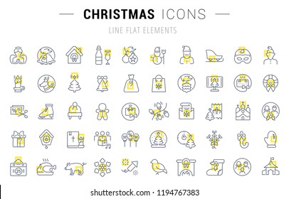 Set of vector line icons and signs with yellow squares of christmas for excellent concepts. Collection of infographics logos and pictograms.