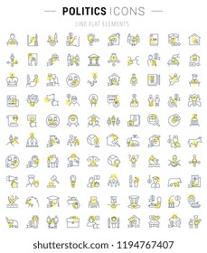 Set of vector line icons and signs with yellow squares of politics for excellent concepts. Collection of infographics logos and pictograms.