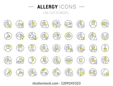 Set of vector line icons and signs with yellow squares of allergy for excellent concepts. Collection of infographics logos and pictograms.
