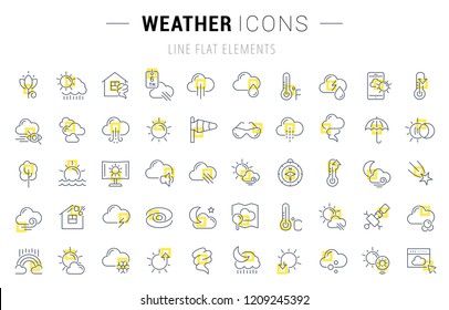 Set of vector line icons and signs with yellow squares of weather for excellent concepts. Collection of infographics logos and pictograms.