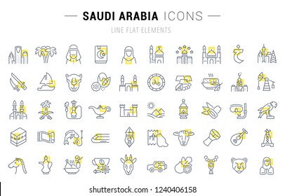 Set of vector line icons and signs with yellow squares of Saudi Arabia for excellent concepts.