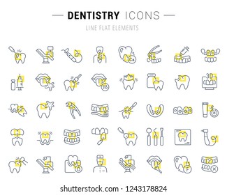 Set of vector line icons and signs with yellow squares of dentistry for excellent concepts. Collection of infographics logos and pictograms.