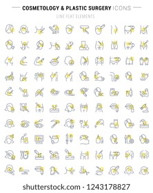 Set of vector line icons and signs with yellow squares of cosmetology and plastic surgery for excellent concepts.