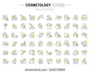 Set of vector line icons and signs with yellow squares of cosmetology for excellent concepts.