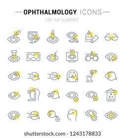 Set of vector line icons and signs with yellow squares of ophthalmology for excellent concepts. 