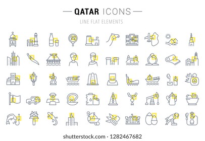 Set of vector line icons and signs with yellow squares of Qatar for excellent concepts. Collection of infographics logos and pictograms.