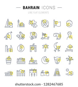 Set of vector line icons and signs with yellow squares of Bahrain for excellent concepts. Collection of infographics logos and pictograms.