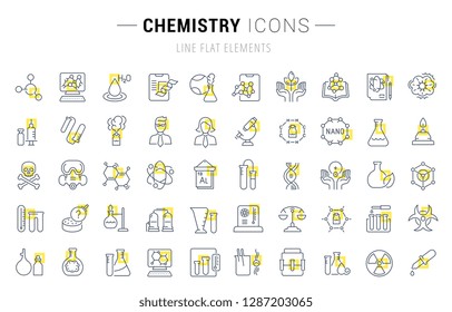 Set of vector line icons and signs with yellow squares of chemistry for excellent concepts. Collection of infographics logos and pictograms.
