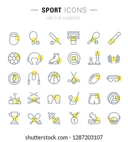 Set of vector line icons and signs with yellow squares of sport for excellent concepts. Collection of infographics logos and pictograms.