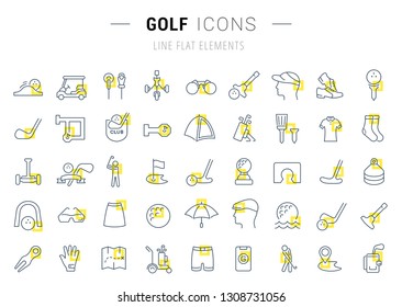Set of vector line icons and signs with yellow squares of golf for excellent concepts. Collection of infographics logos and pictograms.
