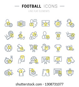 Set of vector line icons and signs with yellow squares of football for excellent concepts. Collection of infographics logos and pictograms.