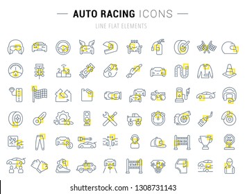 Set of vector line icons and signs with yellow squares of auto racing for excellent concepts. Collection of infographics logos and pictograms.